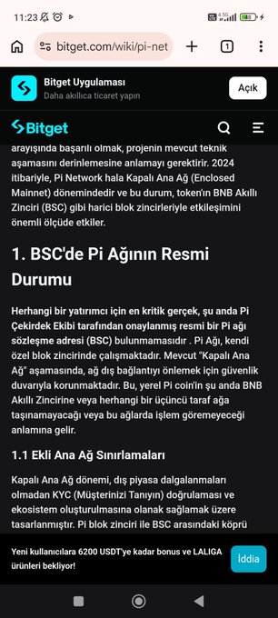 The image shows a Bitget blog page about Pi Network (Pi Ağı) that states the project is still on a "Closed Mainnet" and that the "Kapalı Ana Ağ" (Closed Mainnet) period continues, which aligns with the post's claim that Bitget's KYB still indicates the mainnet is closed despite the supposed Open Mainnet transition.
