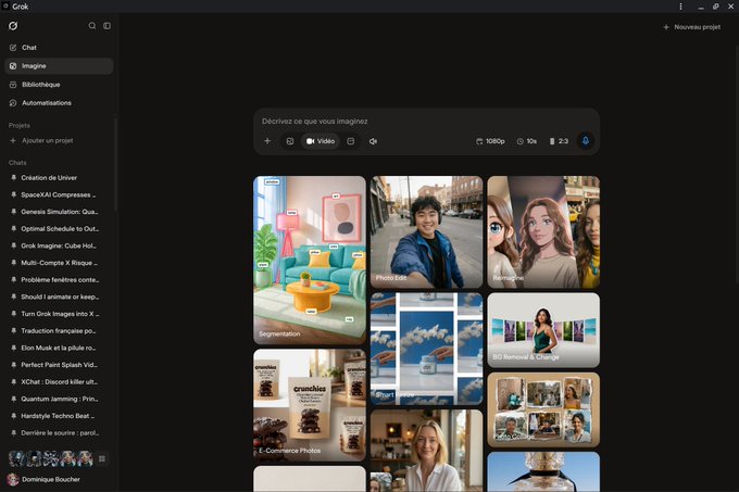 Screenshot of the Grok Imagine AI image generation interface, displaying various project categories like 'Création de Univers' and 'SpeechXAI Compresses' alongside sample generated images.