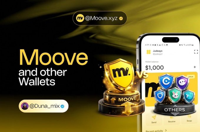 Promotional graphic comparing Moove to other wallets, featuring the @Moove.xyz handle, a shield logo, and a phone screen showing a $1,000 wallet balance for user 'Judeayo'.