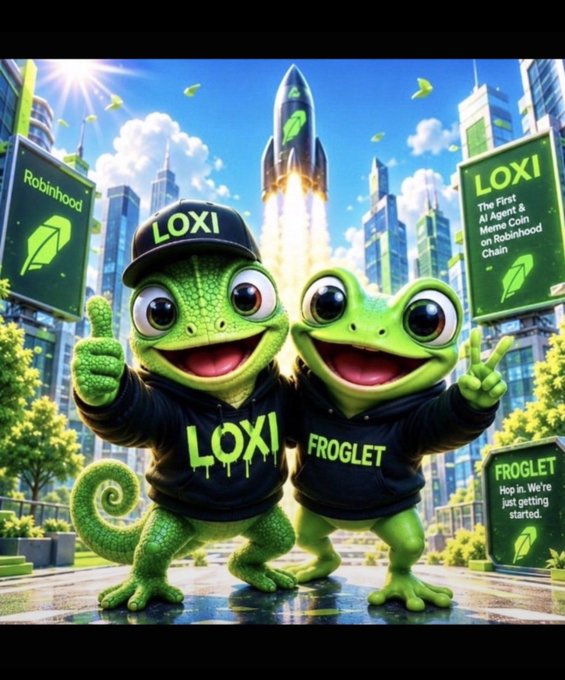 Colorful promotional illustration for 'LOXI' and 'FROGLET' cryptocurrencies, featuring two cartoon frogs wearing branded hoodies in a city setting, with a rocket launching in the background and text describing LOXI as 'The First AI Agent & Meme Coin on Robinhood Chain.'
