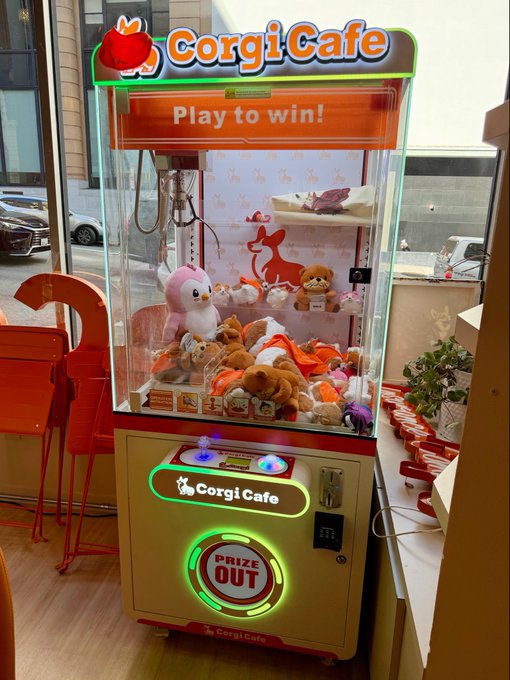 A 'Corgi Cafe' branded claw machine filled with corgi plush toys, featuring signs that read 'Play to win!' and 'PRIZE OUT'.