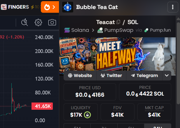 A trading platform screenshot displays "Bubble Tea Cat" (Teacat/SOL) token details with a current price of $0.04422 SOL ($0.04166 USD), a market cap of $41K, and $17K liquidity, while showing a price chart on the left indicating the token's value near 41.65K.