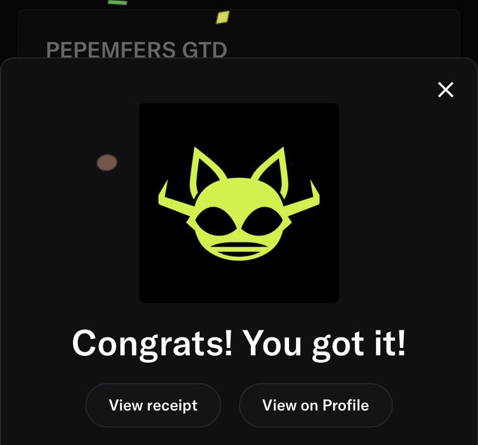 A mobile screen displays a "Congrats! You got it!" notification with a green alien-like mask icon for the GTD (GoToDevil) token, confirming a successful mint where "PEPEMFERS.GTD" was obtained for free and now valued at $7.5.