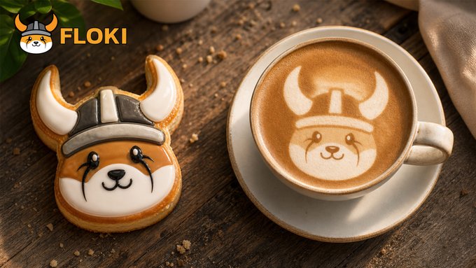 A Floki-themed cookie featuring a cute husky face wearing a Viking helmet sits next to a cappuccino with matching latte art of the same character, with the "FLOKI" logo displayed in the top corner, perfectly capturing the post's Viking-inspired spirit of the $FLOKI community greeting the day with "GM Vikings."