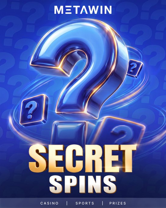 A vibrant blue promotional graphic for MetaWin features a large metallic question mark surrounded by floating cubes with question marks, with "SECRET SPINS" in bold gold lettering below and the navigation links "CASINO | SPORTS | PRIZES" at the bottom—visually reinforcing the mystery game theme of the free spins giveaway announced in the post.