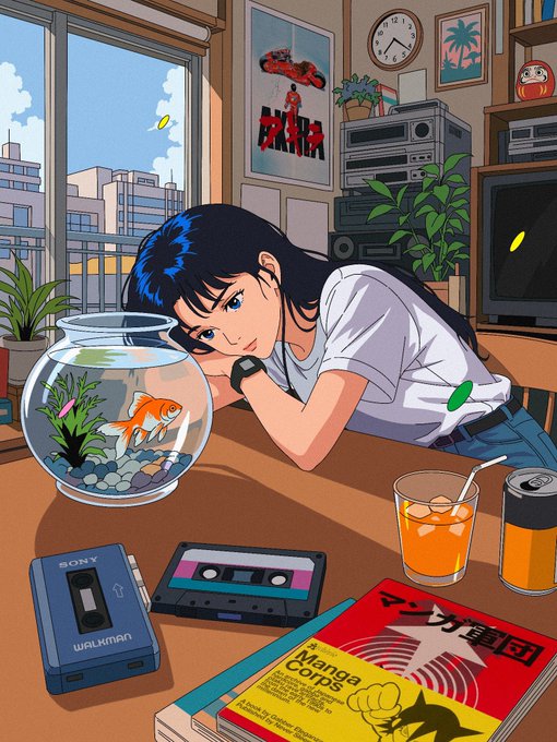 A young woman with long dark hair rests on a table in a cozy, anime-style room featuring a Sony Walkman, a goldfish bowl, a cassette tape, and manga books including "ATENA84" and "Manga Corps."

The image's nostalgic 80s/90s retro anime aesthetic aligns with the post's promotion of a 777-supply NFT project on ETH.