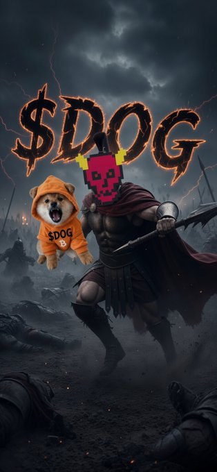 A dark, fantasy-style poster featuring a Spartan warrior, a pixel art dog head, a dog in a '$DOG' hoodie, and a glowing '$DOG' text against a stormy sky.