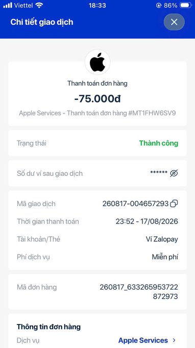 A Vietnamese mobile banking transaction screenshot from Viettel dated 17/08/2026 confirms a successful payment of -75,000₫ for Apple Services via Ví Zalopay.