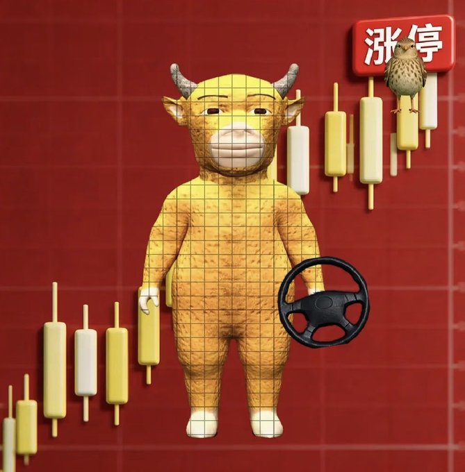 A yellow costumed bull figure holding a steering wheel stands among candlestick-style bar charts against a red grid background, with a red sign in the upper right displaying the Chinese characters "涨停" (meaning "price limit up" or "trading halt at limit up"). The image visually represents a bullish market surge, with the "涨停" sign and rising candlestick patterns symbolizing strong upward momentum in stock prices.