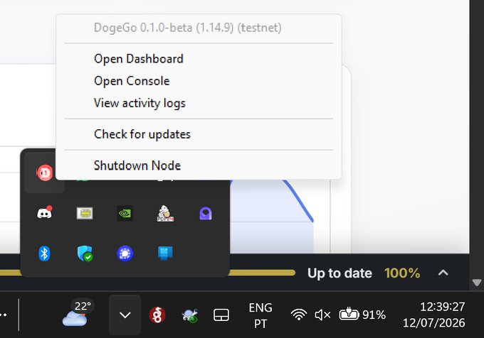 A Windows taskbar system tray menu showing the DogeGo application with version 'DogeGo 0.1.0-beta (1.14.9) (testnet)' and options including Open Dashboard, Open Console, View activity logs, Check for updates, and Shutdown Node.