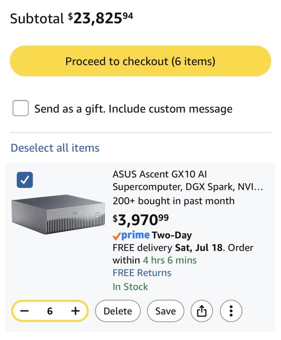 An Amazon checkout screen showing a subtotal of $23,825.94 with 6 items selected, featuring the ASUS Ascent GX10 AI Supercomputer (DGX Spark, NVIDIA) priced at $3,970.99 with Prime Two-Day delivery.