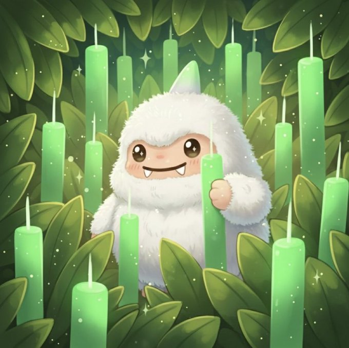 A cute cartoon illustration of a fluffy white monster character with a small green horn surrounded by tall green candles and leaves.