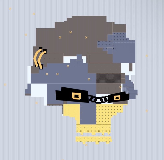 A pixel art illustration of a skull wearing black pixelated sunglasses, set against a light blue striped background.