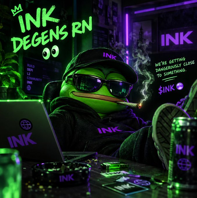 A neon green frog character wearing sunglasses, a black cap, and an 'INK' hoodie, smoking a joint while using a laptop; text reads 'INK DEGENS RN' and 'WE'RE GETTING DANGEROUSLY CLOSE TO SOMETHING. $INK'.