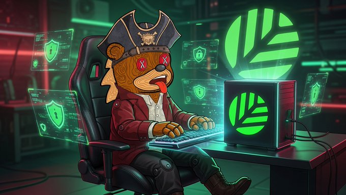 A pirate-themed mascot with X's for eyes sits at a computer terminal surrounded by green shield and lock icons, symbolizing broken data security on legacy chains. The caption's frustration with chains forcing a choice between privacy and convenience is visualized by the "crashed-out" hacker surrounded by exposed data shields.