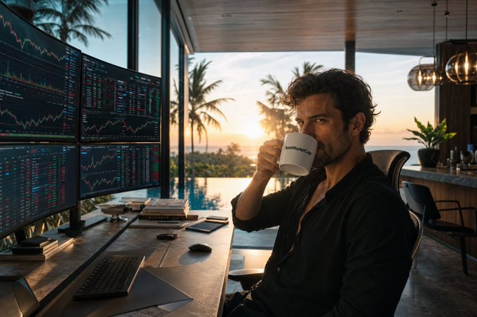 A man with curly hair and a beard drinking from a white mug while sitting at a desk with multiple financial trading monitors showing stock charts in a tropical setting.