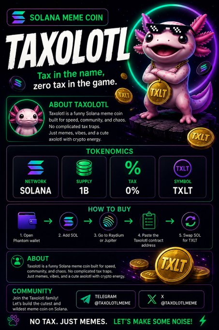 The image depicts a cartoon illustration of an animated turtle holding two gold coins and wearing sunglasses, with a purple background that gives off a retro vibe. The text at the bottom of the image provides information about Solana Meme Coin (TXOLOTL) and its related features, such as zero tax in the game, and explains how users can join the community to learn more.
