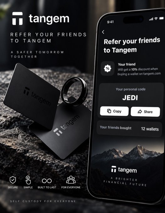 A Tangem crypto wallet referral advertisement showing the Tangem card and ring alongside a mobile app screen displaying a referral code "JEDI" with the tagline "A SAFER TOMORROW TOGETHER" and "SELF CUSTODY FOR EVERYONE".