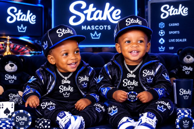 A digitally altered or AI-generated image showing two smiling young children wearing matching black and blue 'Stake' branded outfits and caps, sitting among poker chips and teddy bears with a 'Stake' casino background.