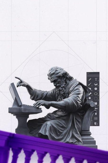 A grayscale illustration of a classical statue of a bearded figure using a laptop and mouse, with a digital art toolbar floating beside it against a geometric background.