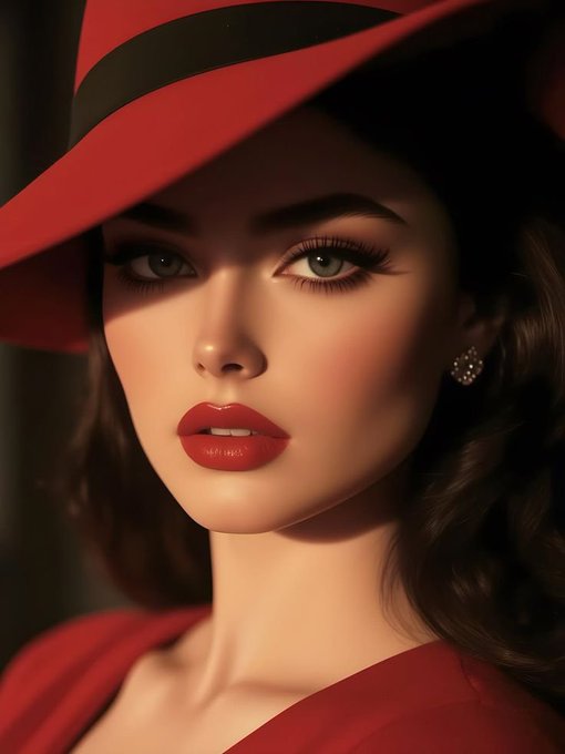 A stylized digital portrait of a woman wearing a red hat and red dress with bold red lipstick and dramatic makeup.