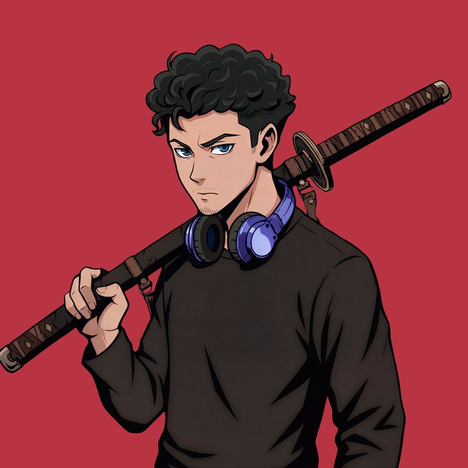 An anime-style illustration of a serious young man with curly black hair and blue eyes, wearing a black shirt with purple and black headphones around his neck, holding a katana over his shoulder against a red background.