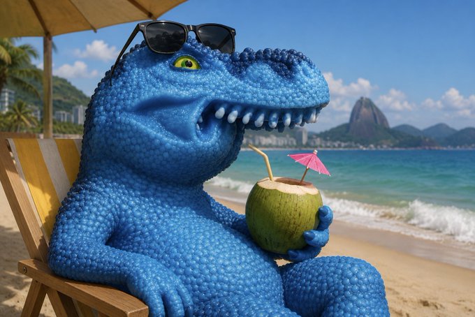 An AI-generated image of a blue dinosaur wearing sunglasses, relaxing on a beach chair with a coconut drink, with Rio de Janeiro's Sugarloaf Mountain visible in the background.