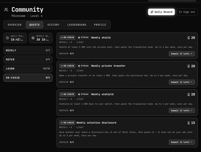 A Community dashboard for user 9Xvenomm (Level 4) showing various quests including Weekly shield, Weekly private transfer, Weekly unshield, and Weekly selective disclosure.