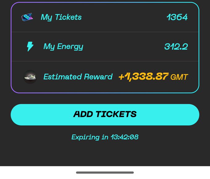 A StepN app interface showing 'My Tickets: 1364', 'My Energy: 312.2', 'Estimated Reward: +1,338.87 GMT', with an 'ADD TICKETS' button and expiration timer at 13:42:08.