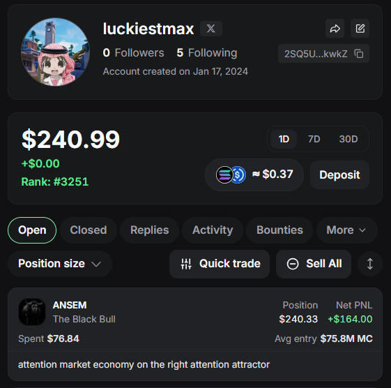 A trading dashboard shows user "luckiestmax" with a portfolio value of $240.99, rank #3251, and a profitable open position in $ANSEM (The Black Bull) showing a +$164.00 net PNL on a $240.33 position, supporting the claim of ranking top 3251 among pump.fun traders by holding $ANSEM.
