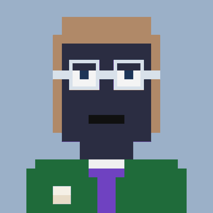 A pixel art portrait of a man with glasses, a beard, and a green suit with a purple tie appears above the caption "Just activated it to wait for the mint event to happen today," suggesting the image serves as a stylized avatar for someone eagerly awaiting an upcoming NFT or token mint event.