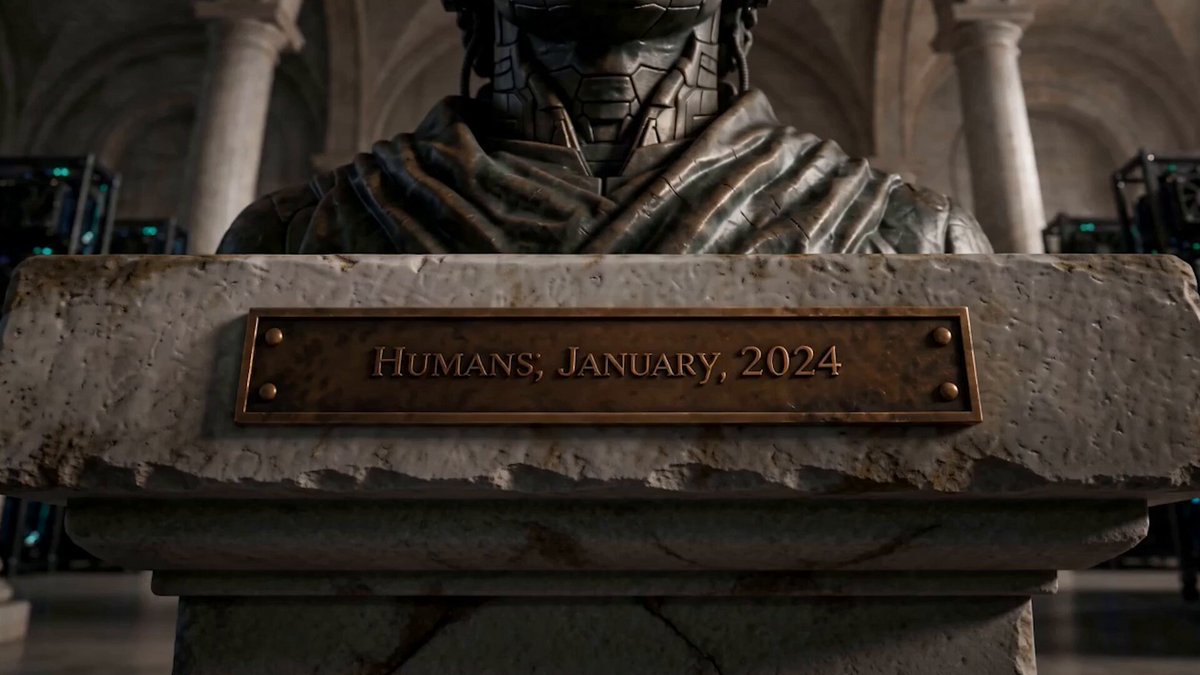The image features an old stone pedestal with a plaque that reads "HIMANS JANUARY 2024". The plaque has a bronze color and is placed on top of a marble base, which adds to its historical appearance. The background shows a room filled with various machines and equipment, suggesting it could be a museum or a place where artifacts are displayed.