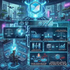 A futuristic, blue-toned sci-fi command center interface featuring various data panels, holographic displays, and a central shield emblem with a downward arrow.