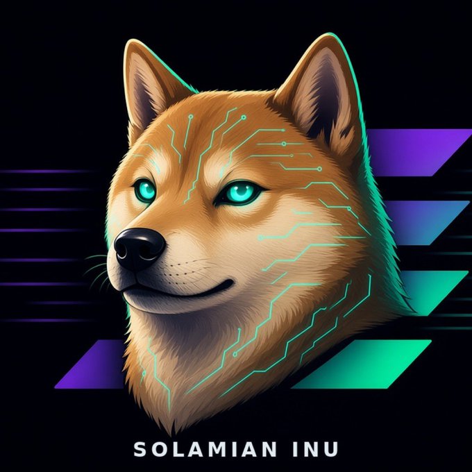 A digital illustration of a Shiba Inu dog with glowing cyan cybernetic patterns and green eyes against a dark background; text reads 'SOLAMIAN INU'.