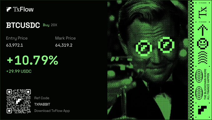 The image is a TxFlow trading receipt for a 20X leveraged BTCUSDC long position (entry price 63,972.1, mark price 64,319.2) showing a +10.79% gain worth +29.99 USDC, paired with a pixelated green-tinted image of a diamond-eyes man (a humorous nod to "shine bright like a diamond"). It includes a QR code, the referral code TXRABBIT, and branding for TxFlow L1 and "The Blockchain where all finance happens."