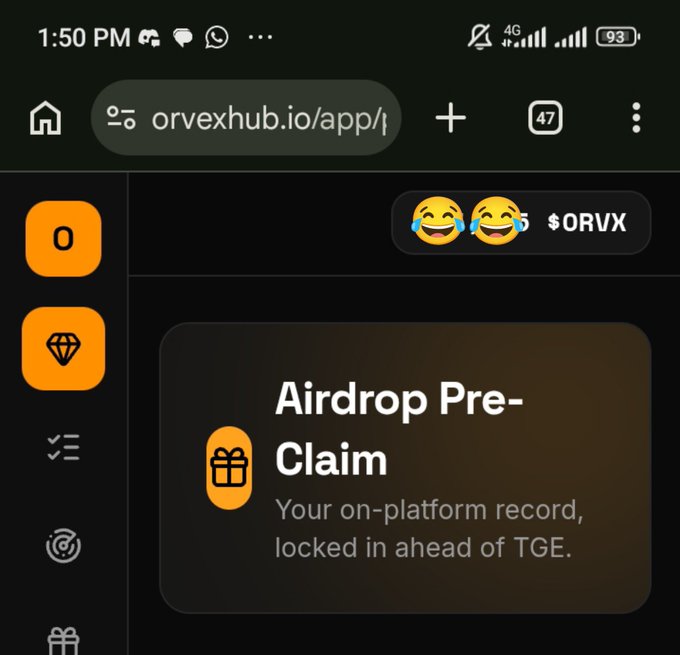 The image shows a mobile screenshot of orvexhub.io/app, displaying an orange "$0" balance, a diamond icon, and an "Airdrop Pre-Claim" section stating "Your on-platform record, locked in ahead of TGE," directly referencing the $ORVX token and pre-claim functionality discussed in the update.