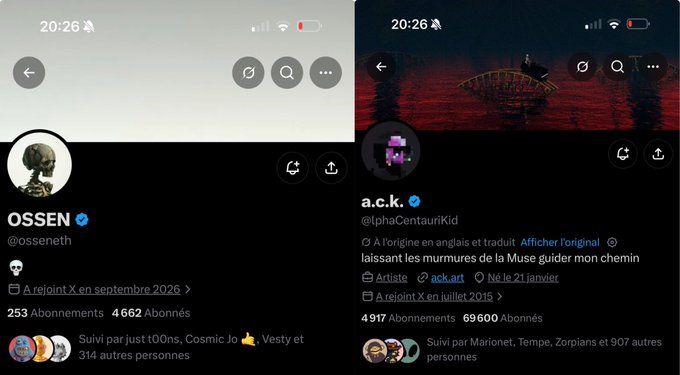 A side-by-side comparison of two X (Twitter) profiles: "OSSEN" (@osseneth) with 4,662 followers and 253 following, and "a.c.k." (@iphaCentauriKid) with 69,600 followers and 81 following, whose bio features a verse from the Iliad ("laissant les murmures de la Muse guider mon chemin"). The juxtaposition visually supports the speculation that the newly emerged OSSEN account—known for burning a BAYC NFT and accumulating rare Argonauts—may secretly be operated by the established a.c.k., a notable NFT collector.