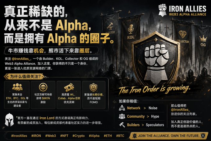 A promotional banner for 'IRON ALLIES WEB3 ALPHA ALLIANCE' featuring Chinese text, a fist logo, and mentions of crypto projects like SIRON and Collab.