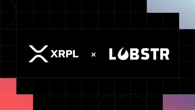 A promotional graphic featuring the XRPL logo alongside the LOBSTR logo on a black background with a grid pattern and colorful accents, celebrating the partnership between the two platforms as highlighted in the announcement of a milestone toward multichain, interoperable digital finance infrastructure.