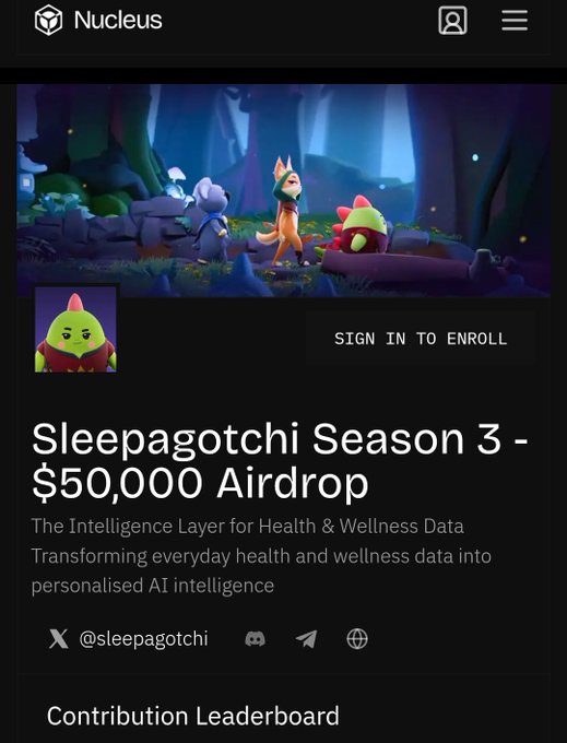 An identical screenshot of the Nucleus webpage for 'Sleepagotchi Season 3 - $50,000 Airdrop' featuring cartoon characters.