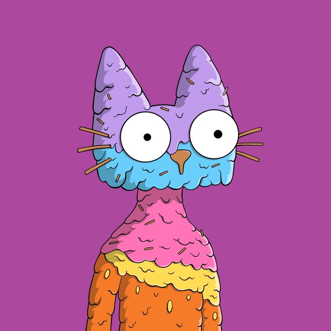 A colorful cartoon illustration of a cat character made of dripping, multi-colored ice cream or frosting layers (purple, blue, pink, yellow, and orange) with large white eyes against a magenta background.