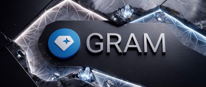 A 3D rendering of a metallic plaque displaying the 'GRAM' logo (a white geometric shape on a blue circle) set against a dark, crystalline background with glowing blue lines.