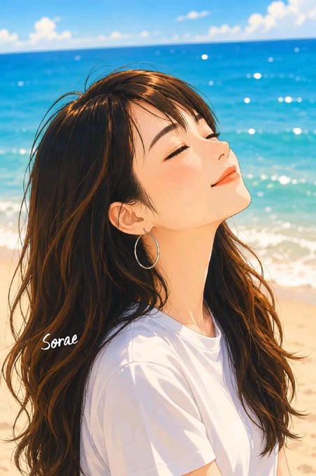 An anime-style illustration of a young woman with long dark hair and hoop earrings smiling with her eyes closed against a bright blue ocean background, signed 'Sorae'.