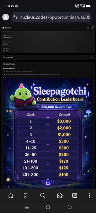 Mobile screenshot of a Nucleus webpage displaying the Sleepagotchi Contribution Leaderboard with a $50,000 Reward Pool, listing ranks from 1 (top, $3,000 reward) down through 300 ($100 reward), shown by a green cactus-like mascot character.
