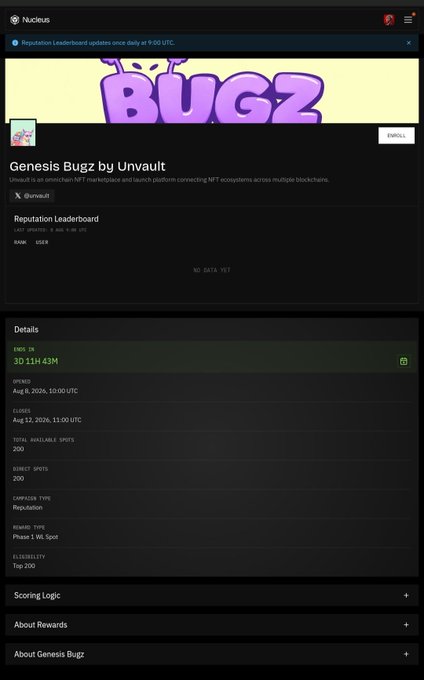 A dark-themed web interface for 'Genesis Bugz by Unvault' on Nucleus, showing details like ends in 3D 11H 43M, opens Aug 6, 2026, closes Aug 19, 2026, total available spots 200, and reward type 'Phase 1 WL Spot'.
