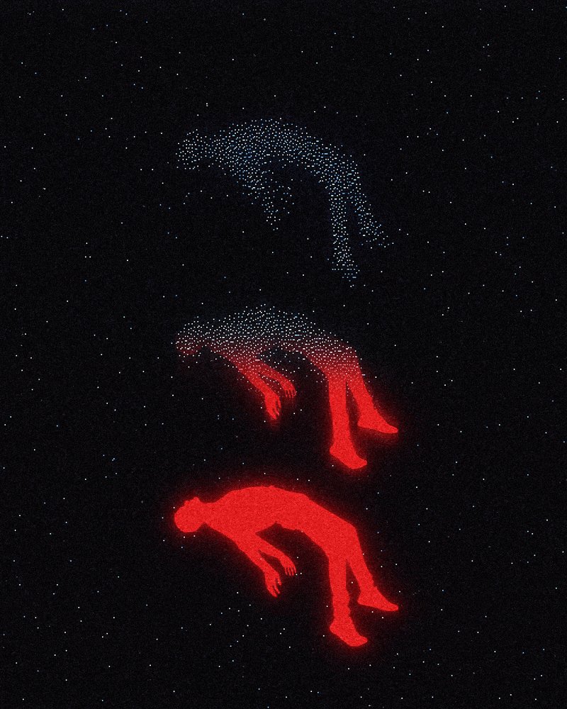 The image features a poster with three red figures floating in space, each at different positions within the frame. The first figure is located near the top left corner of the poster, while the second figure is positioned more towards the center-left side. The third figure is situated closer to the bottom right corner. The background of the poster is dark and filled with stars, creating a sense of depth and dimension in the artwork. The image also includes text that reads "AUCTIONS STARTED Boucle Infinie — 2 ETH Teardrop — 0.169ETH Thank you @Bramald_ for kickstarting the auctions on these artworks".