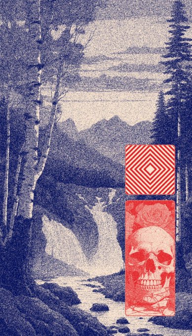 A vintage-style blue-toned illustration of a mountainous landscape with a waterfall and pine trees, featuring a red rectangular graphic overlay with a skull and geometric pattern.