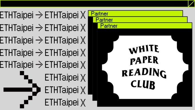 A pixel-art style graphic showing repeated text 'ETHTaipei → ETHTaipei' on the left with a cursor arrow, and stacked 'Partner' badges next to a 'WHITE PAPER READING CLUB' logo on the right.