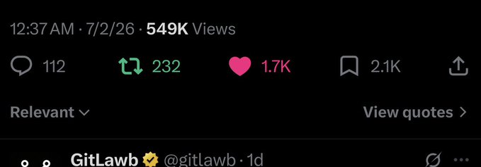 A social media post by verified user @gitlawb with 549K views, 112 replies, 232 reposts, 1.7K likes, and 2.1K bookmarks, timestamped 7/2/26.
