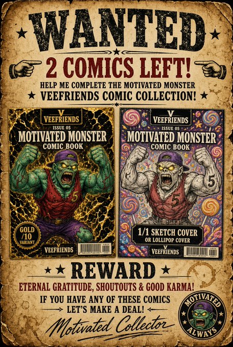 A vintage-style 'WANTED' poster seeks to complete a 'VEEFRIENDS' comic collection, specifically Issue 03 of the 'MOTIVATED MONSTER COMIC BOOK,' offering 'ETERNAL GRATITUDE, SHOUTOUTS & GOOD KARMA' as a reward for the remaining '2 COMICS LEFT.'